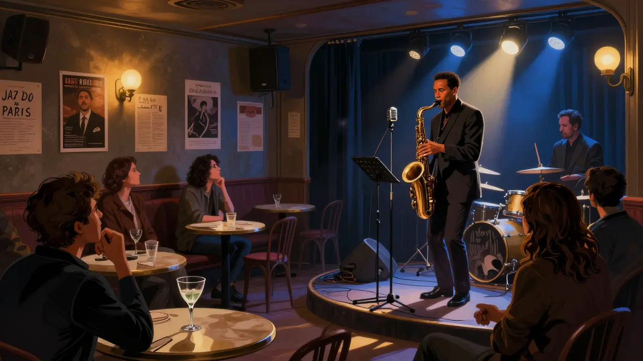 Cozy jazz club with a saxophonist performing under a spotlight, audience captivated by live music.