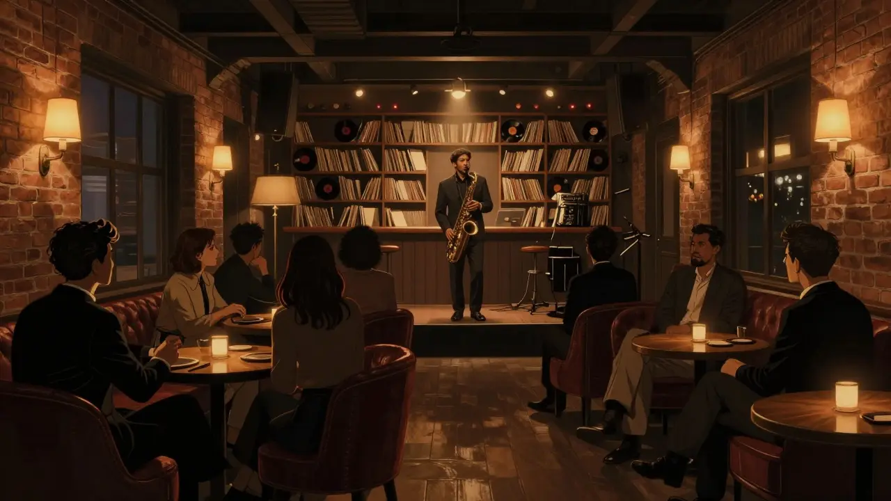 Cozy underground jazz bar with saxophonist, vinyl records, and intimate seating in industrial space.