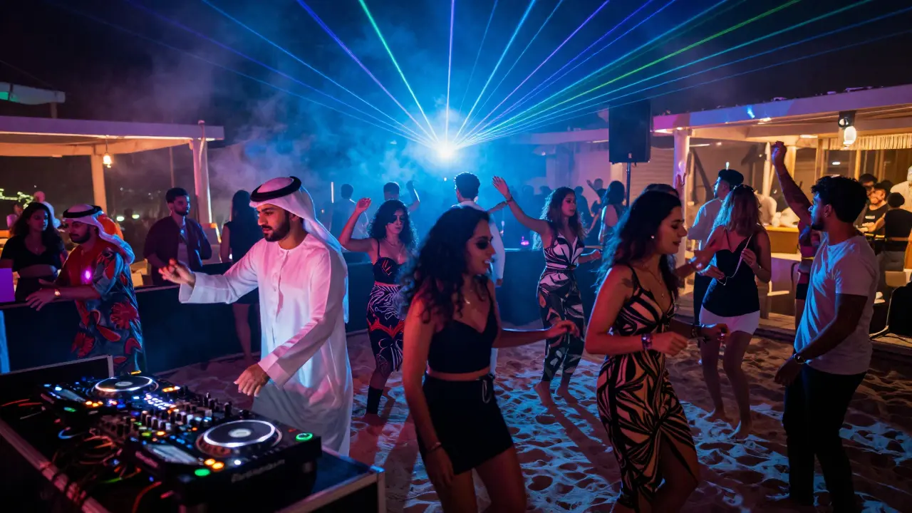 Diverse crowd dancing in a neon-lit Yas Island club with sand underfoot and a DJ playing music.