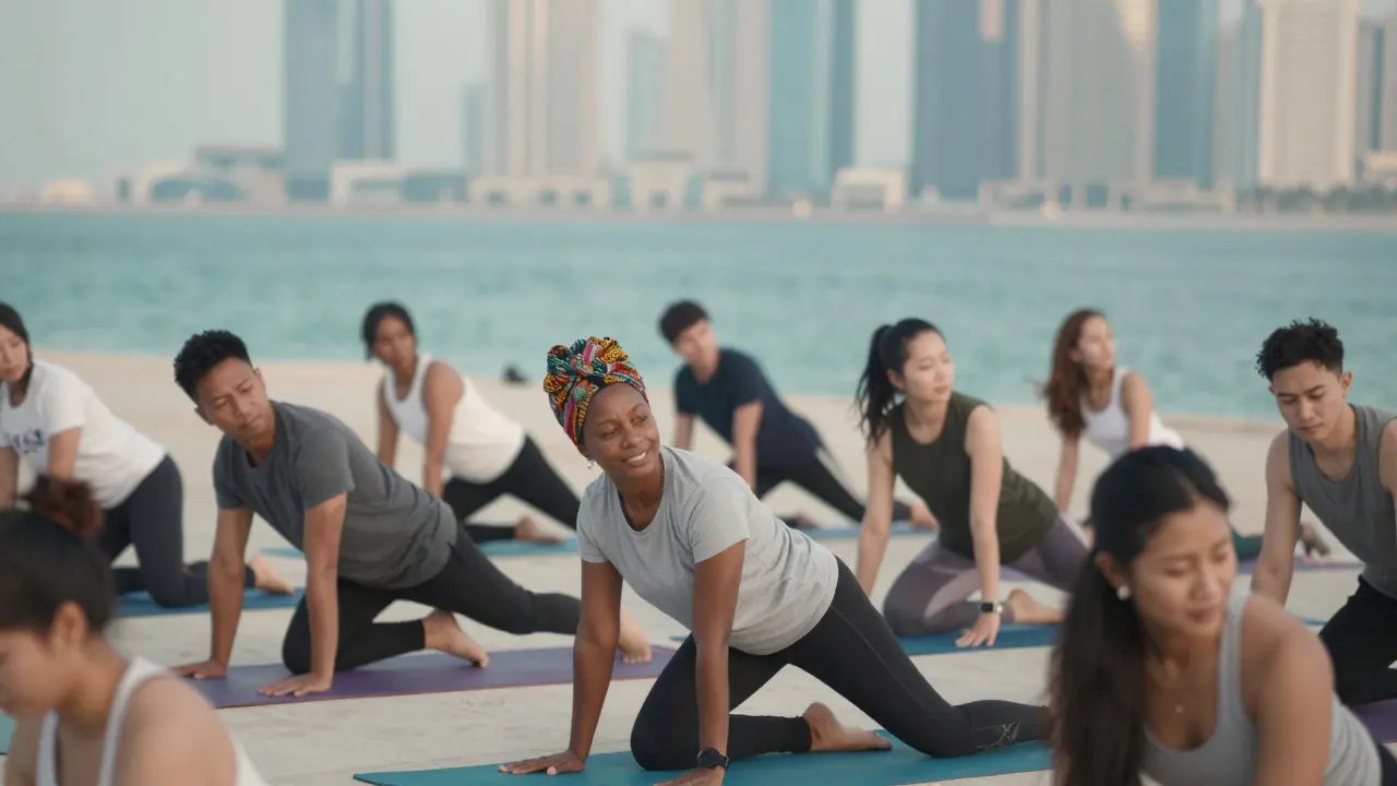 Diverse group practicing yoga on the Corniche at sunrise, serene and connected, no devices or signs visible.