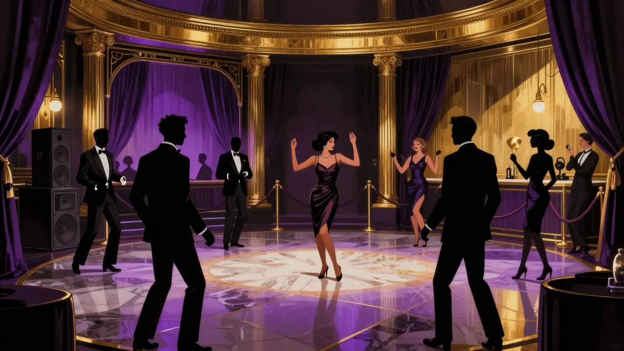 Elegant crowd dancing under strobing lights inside Studio 54 Monte Carlo, velvet ropes and marble floors.