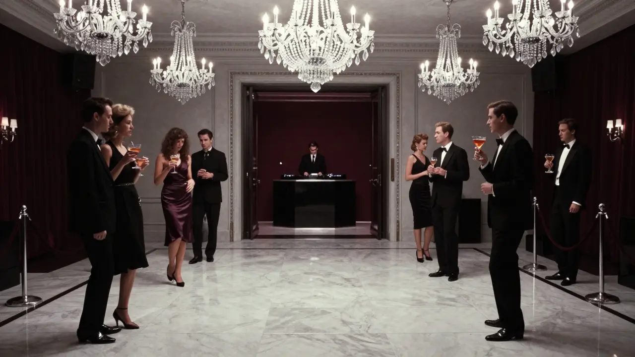 Elegant guests at Armani/Privé dancing under crystal chandeliers in a luxurious, minimalist club setting.