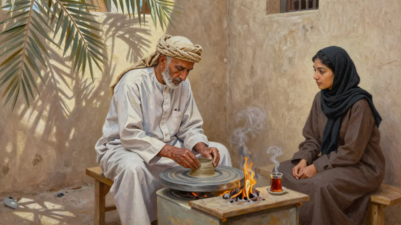 Emirati artisan shaping clay in a heritage village, a curious expat watches as tea steams nearby under palm fronds.