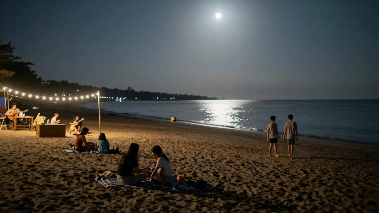 Families and couples walking barefoot on Yas Beach at night under soft string lights and starlit sky.