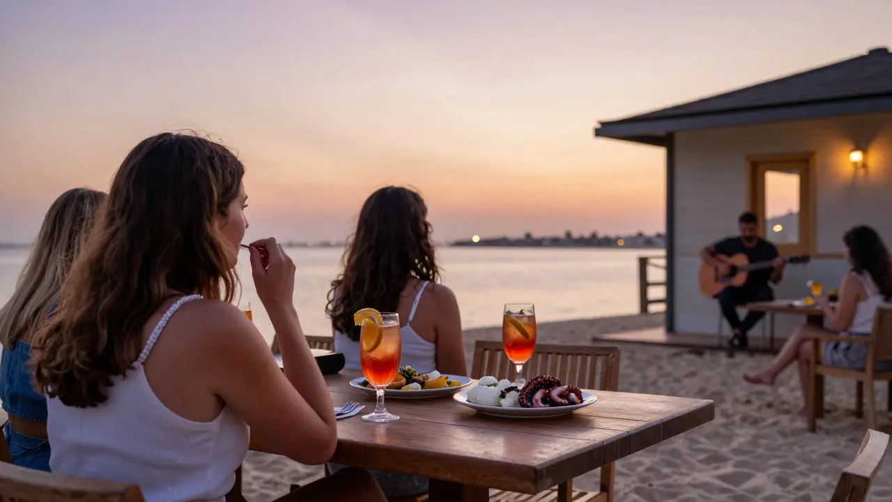 Group of women enjoying sunset at The Beach House with sangria and grilled octopus by the water.