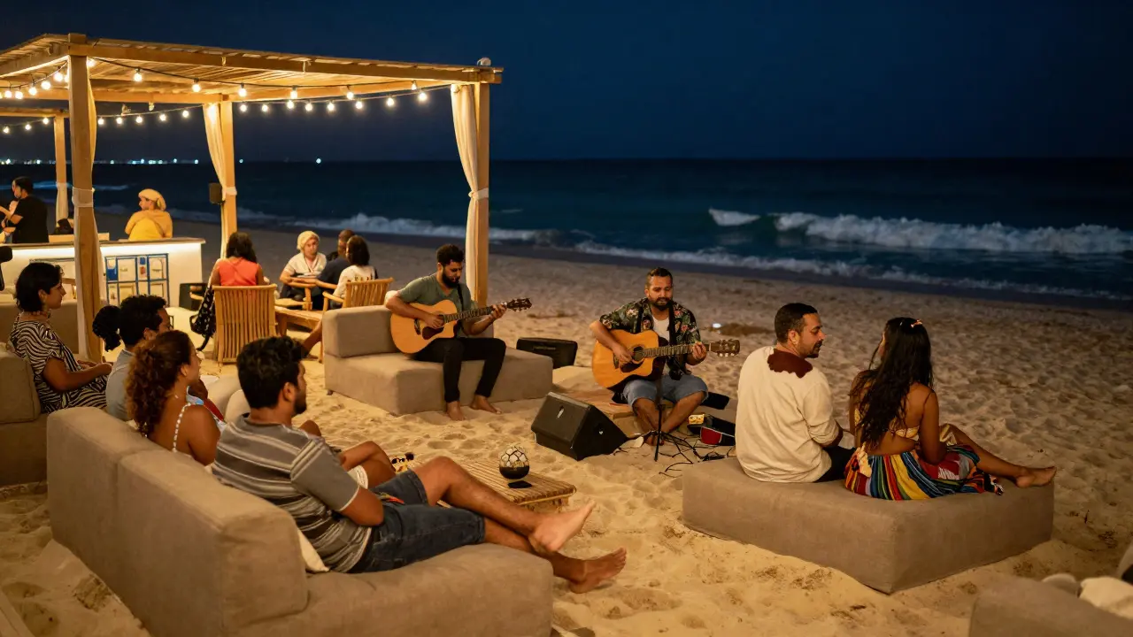 Guests relaxing at a beachside lounge with live music and ocean waves in the background.