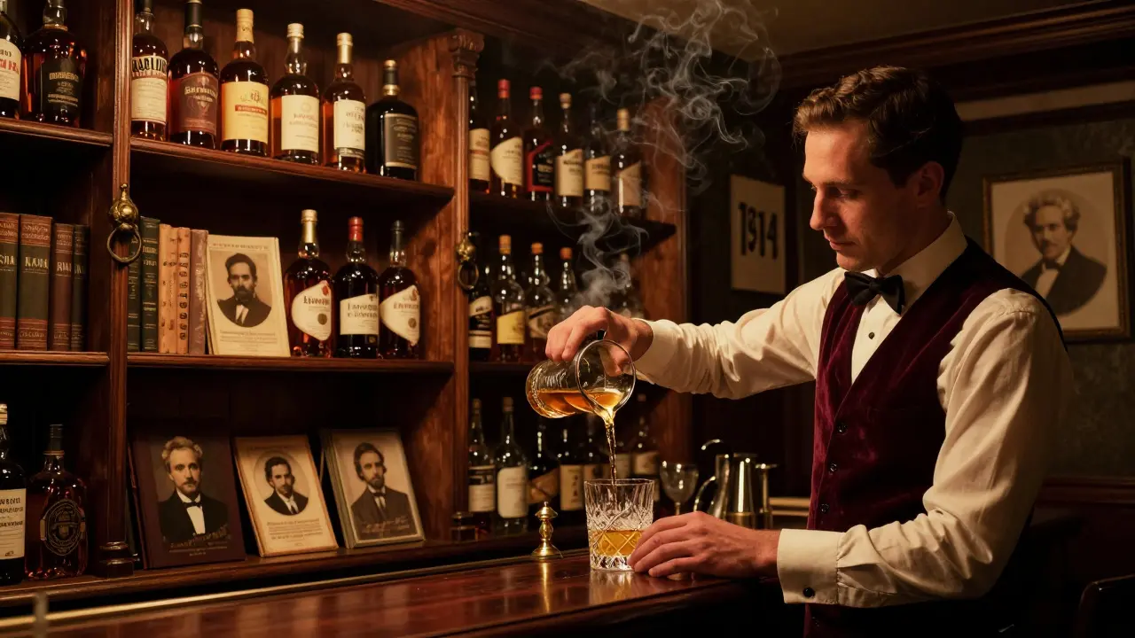 Hidden bar interior with vintage decor, a bartender pouring a golden cocktail in soft amber light.