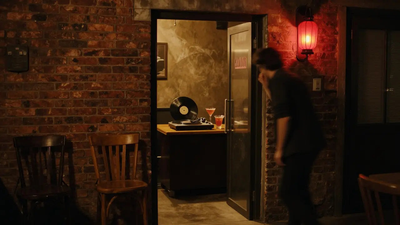 Hidden speakeasy behind fridge door with vintage vinyl and warm amber lighting