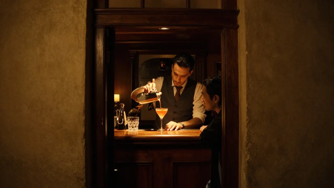 Hidden speakeasy entrance with a bartender mixing a specialty cocktail in warm, intimate lighting.