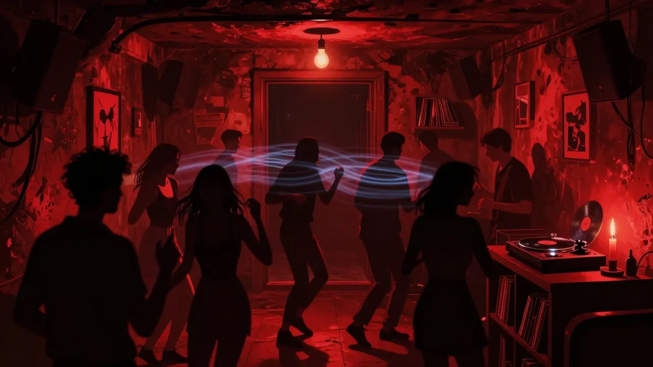 Hidden underground club with dim red lighting and people dancing in shadows.