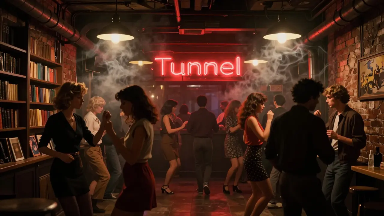 Hidden underground club with industrial walls and a crowd dancing under flickering lights, no signs visible.