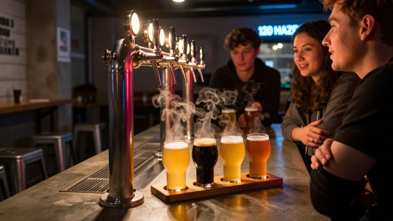 Industrial-style beer bar with 18 taps pouring colorful craft beers, patrons sharing a tasting flight at night.