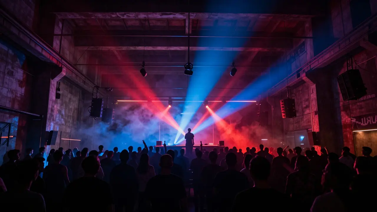 Industrial underground club with pulsing lights and silhouetted dancers lost in music.