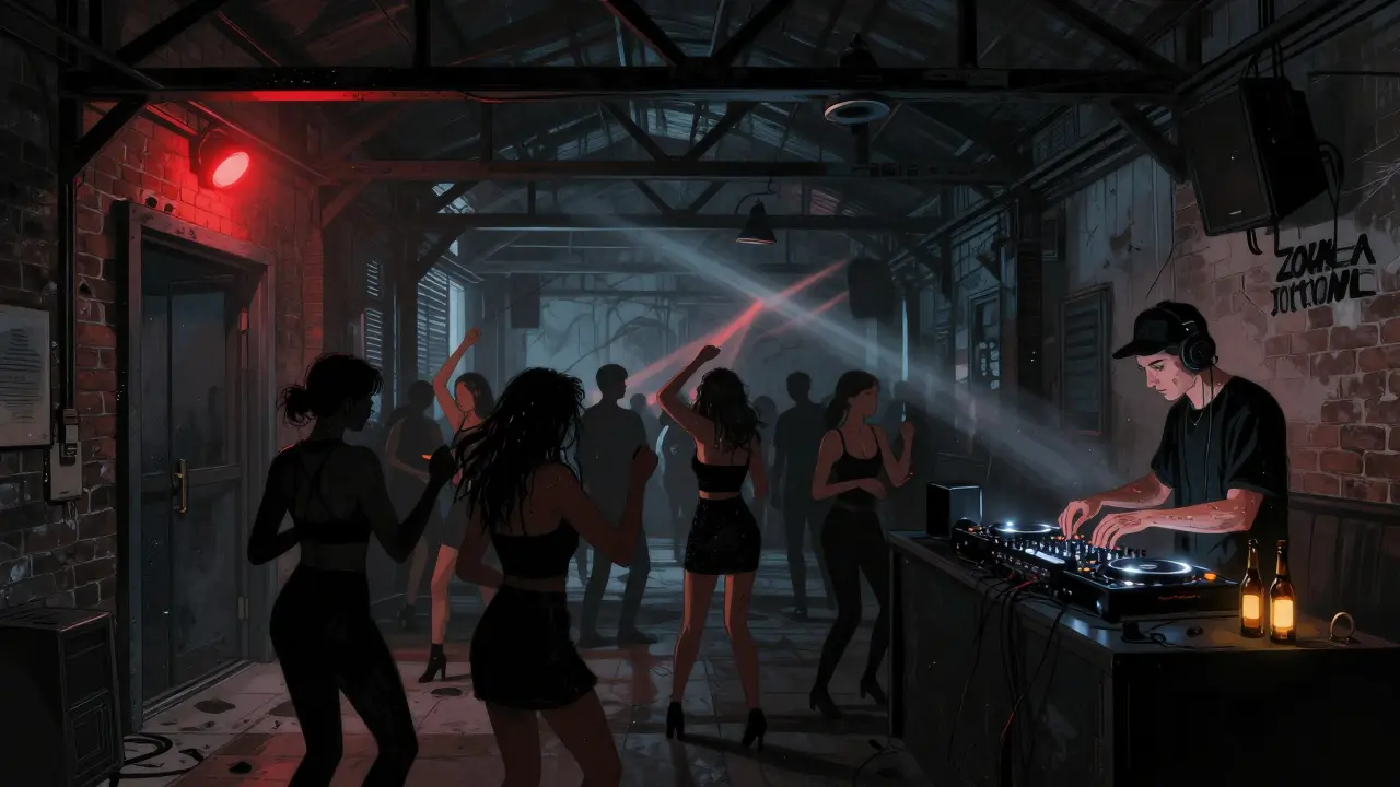 Inside an unmarked industrial club in Zona Tortona, crowd dancing in black under abstract lights with a single red door light.