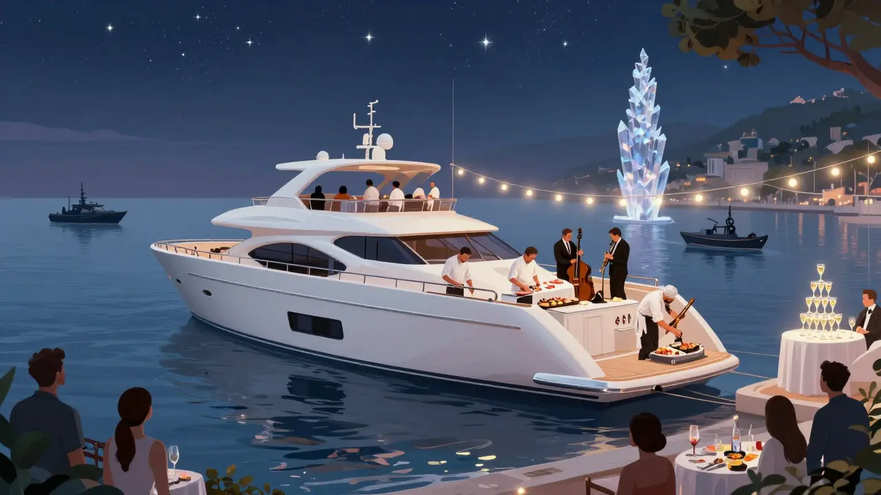 Luxurious private yacht party at sea with jazz musicians, champagne towers, and shore observers watching from afar.