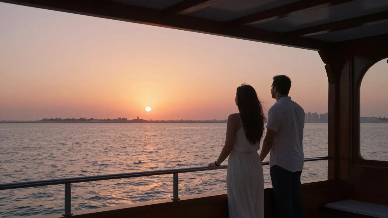 Man and woman on a private dhow cruise at sunset, gazing at the horizon over Abu Dhabi's Corniche.