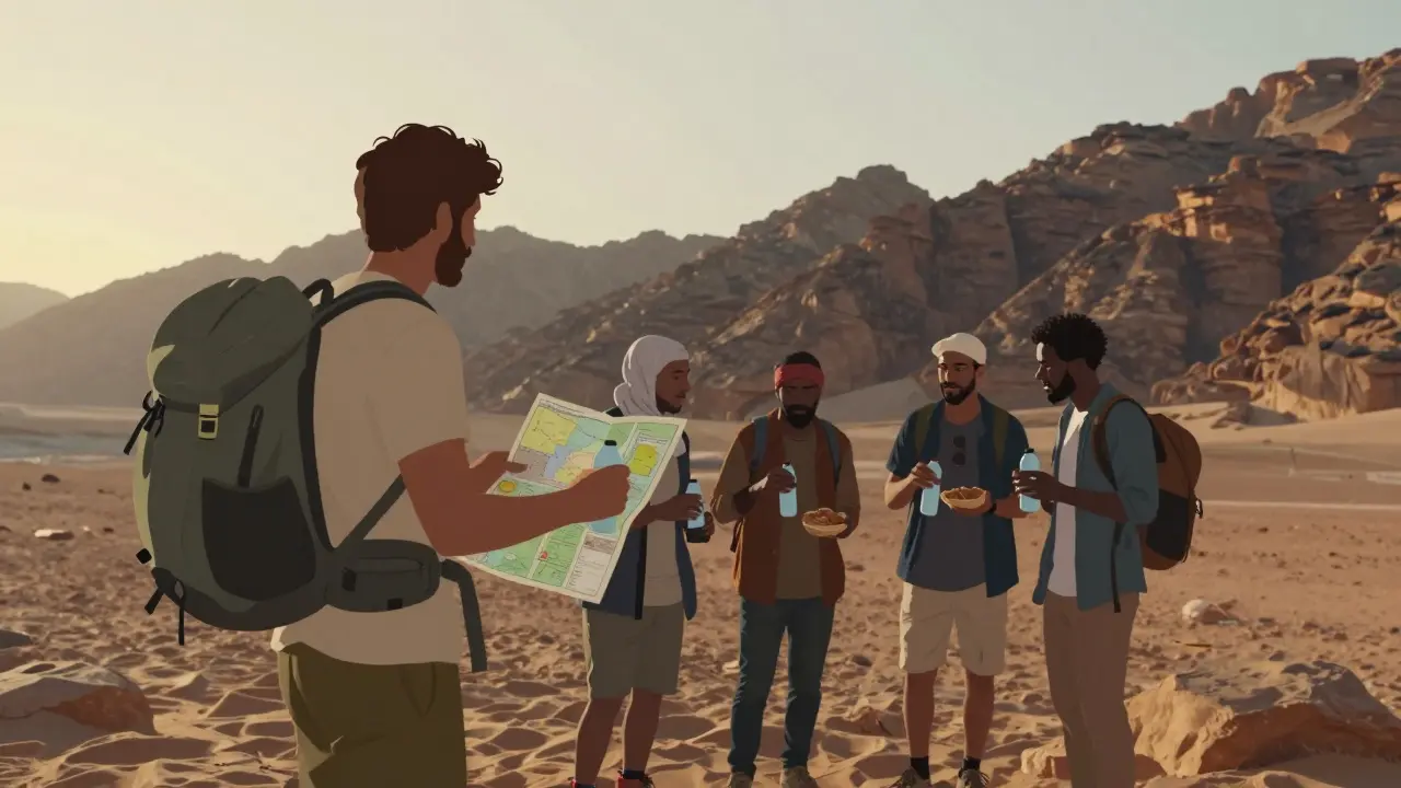 Multicultural friends hiking at sunrise on Jebel Hafeet, sharing snacks and enjoying the desert view.