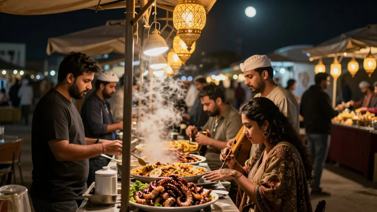 Night market with food stalls, henna artists, and lanterns under the stars in Abu Dhabi.