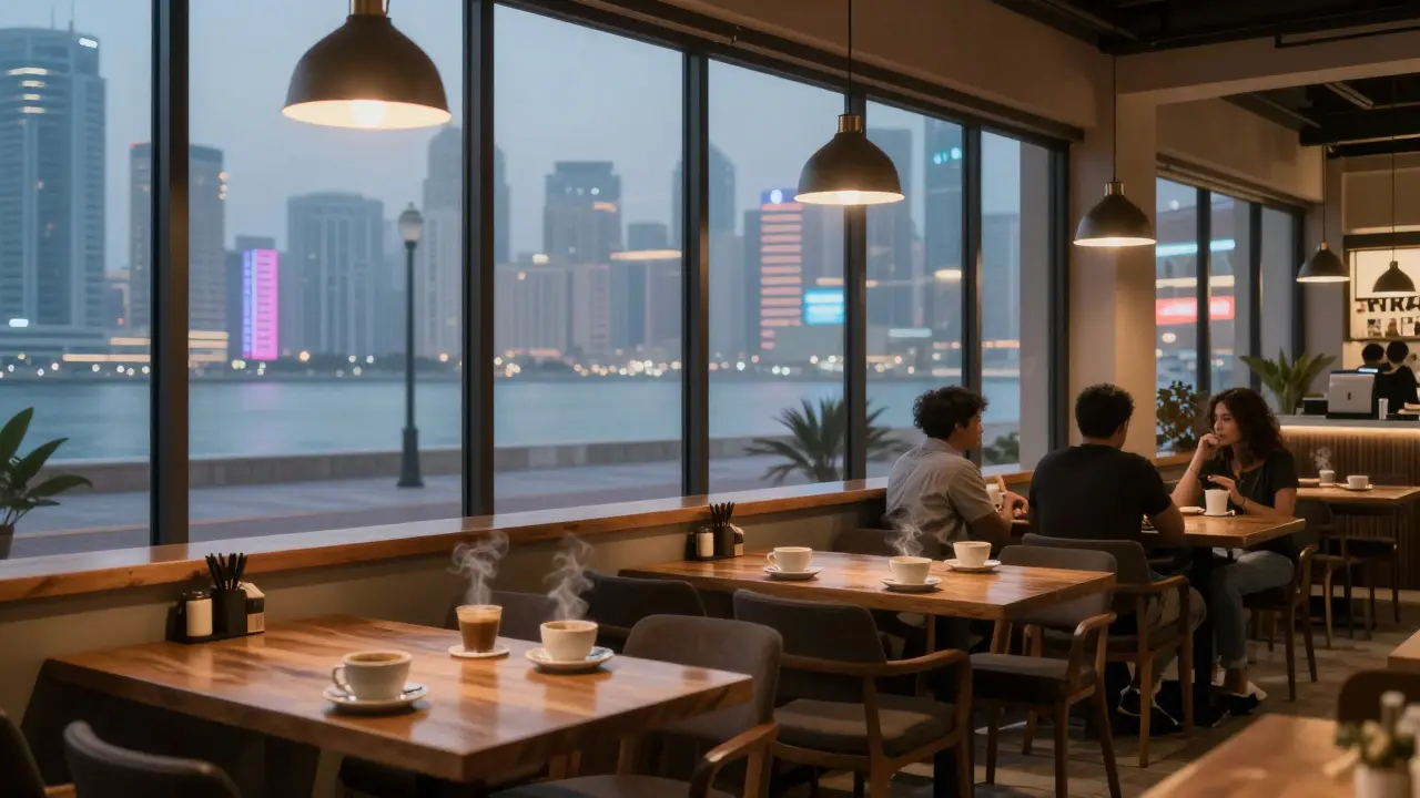 People chatting over coffee in a quiet 24-hour café at dawn after a night out.