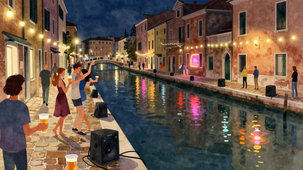 People dancing barefoot along Navigli canals at night with string lights and reflections in the water.