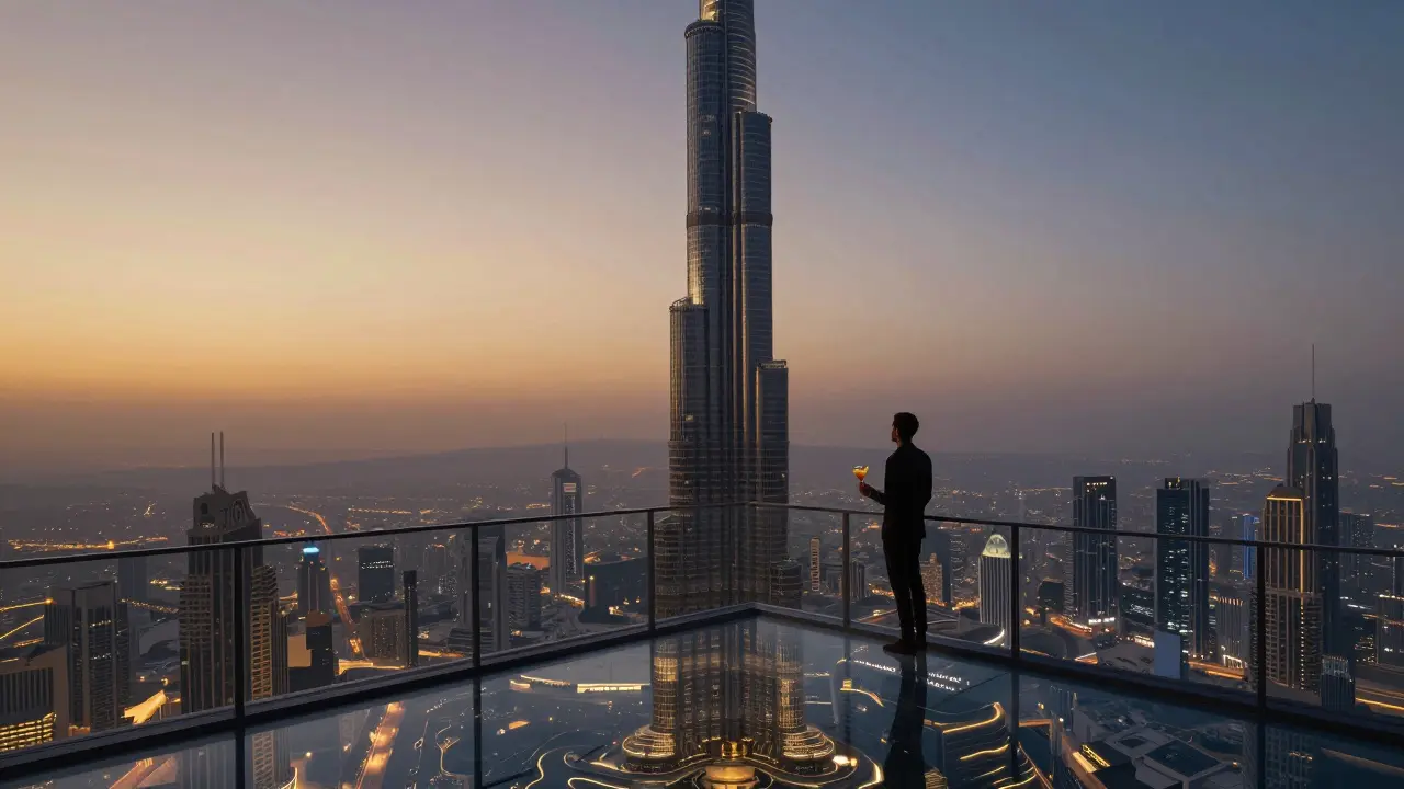 Person standing on glass floor of highest bar on Earth with Dubai skyline below