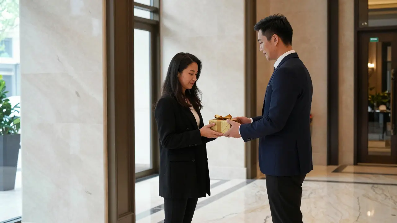 Quiet farewell at a luxury hotel lobby, man handing woman a small gift with dignity and respect.