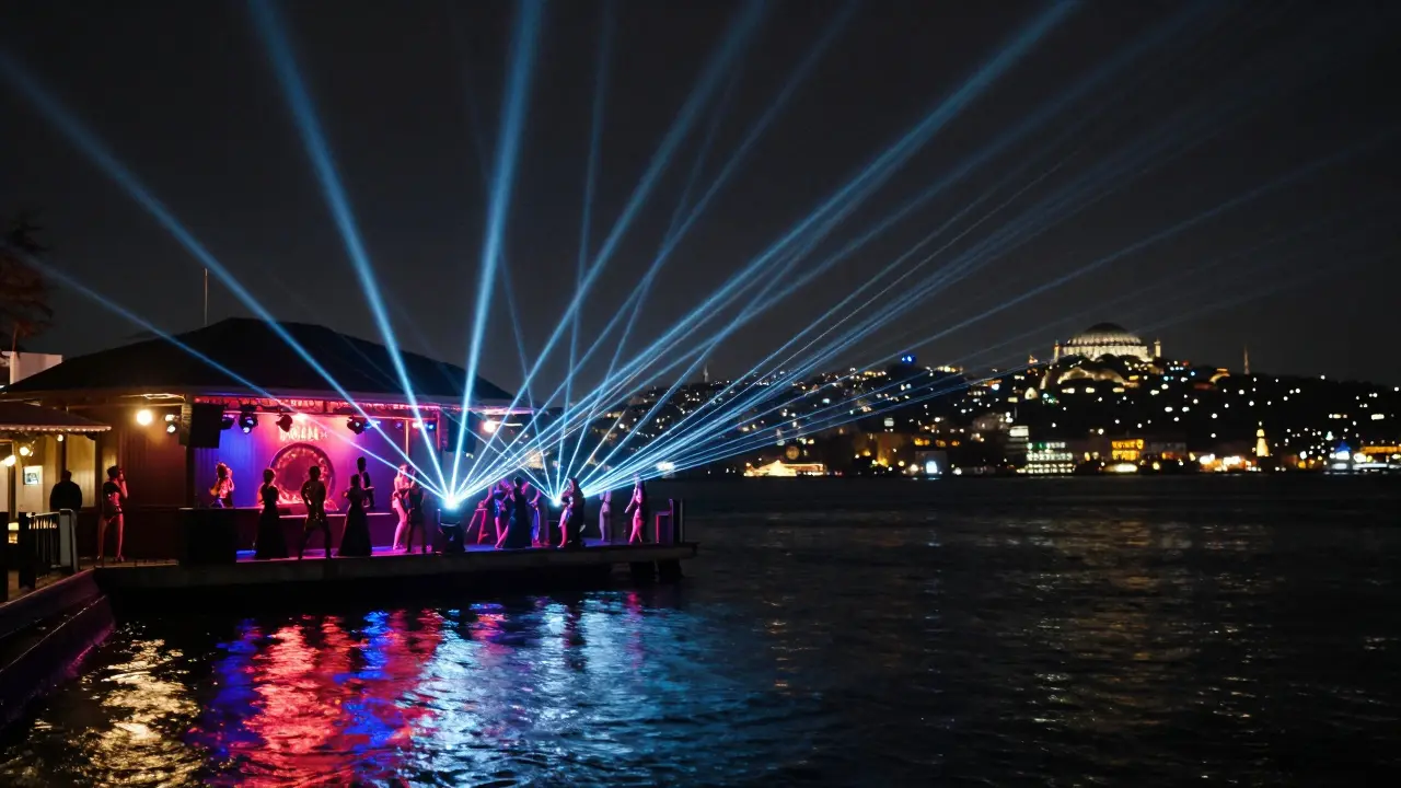 Reina nightclub on the Bosphorus with dancers under laser lights and the city glowing behind them.