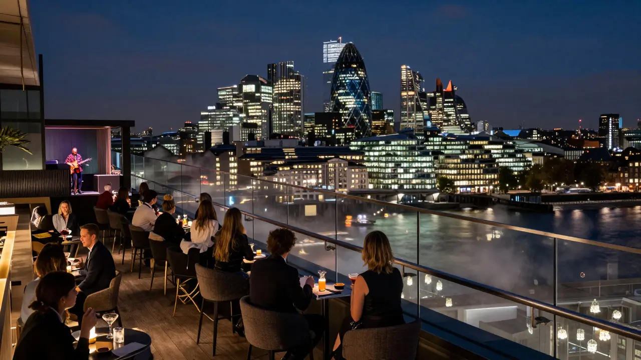Rooftop bar overlooking London skyline at midnight with guests sipping cocktails.