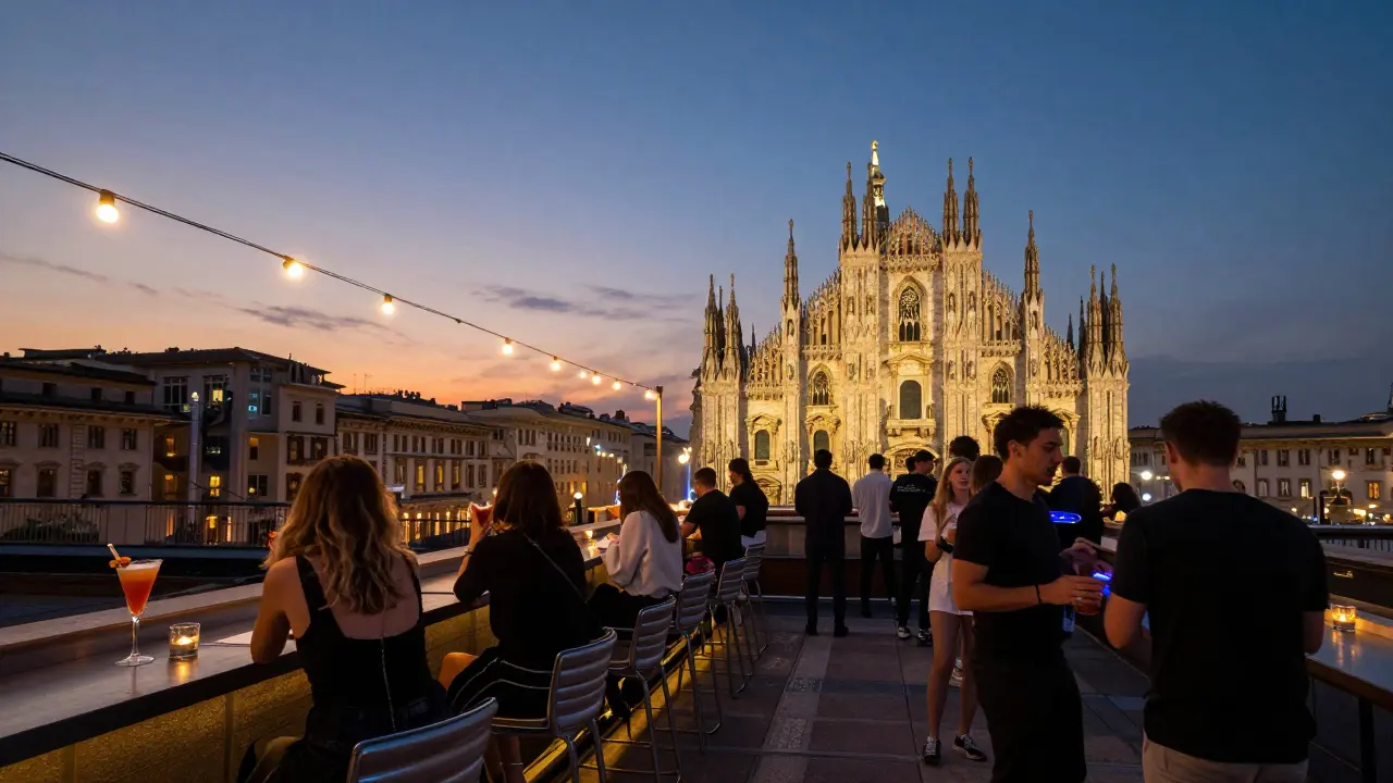 Rooftop club at dusk with Milan's Duomo in the background, guests enjoying cocktails and dancing.