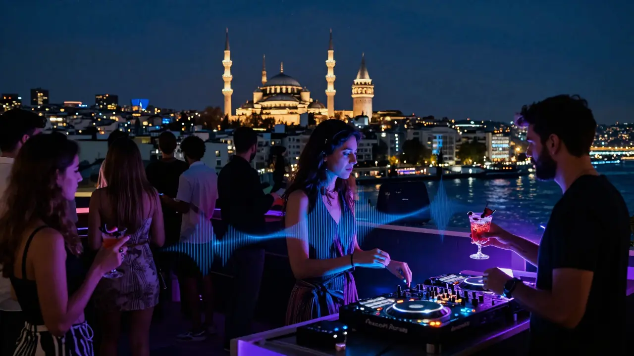 Rooftop club in Istanbul with skyline views of mosques and the Bosphorus, people dancing under neon lights.