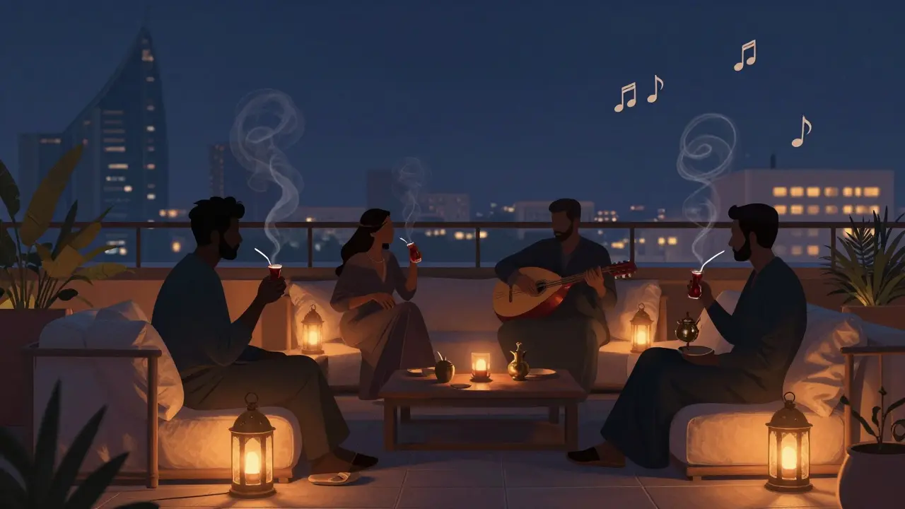 Rooftop lounge with lanterns, low couches, and people enjoying tea as the city skyline glows softly in the distance.