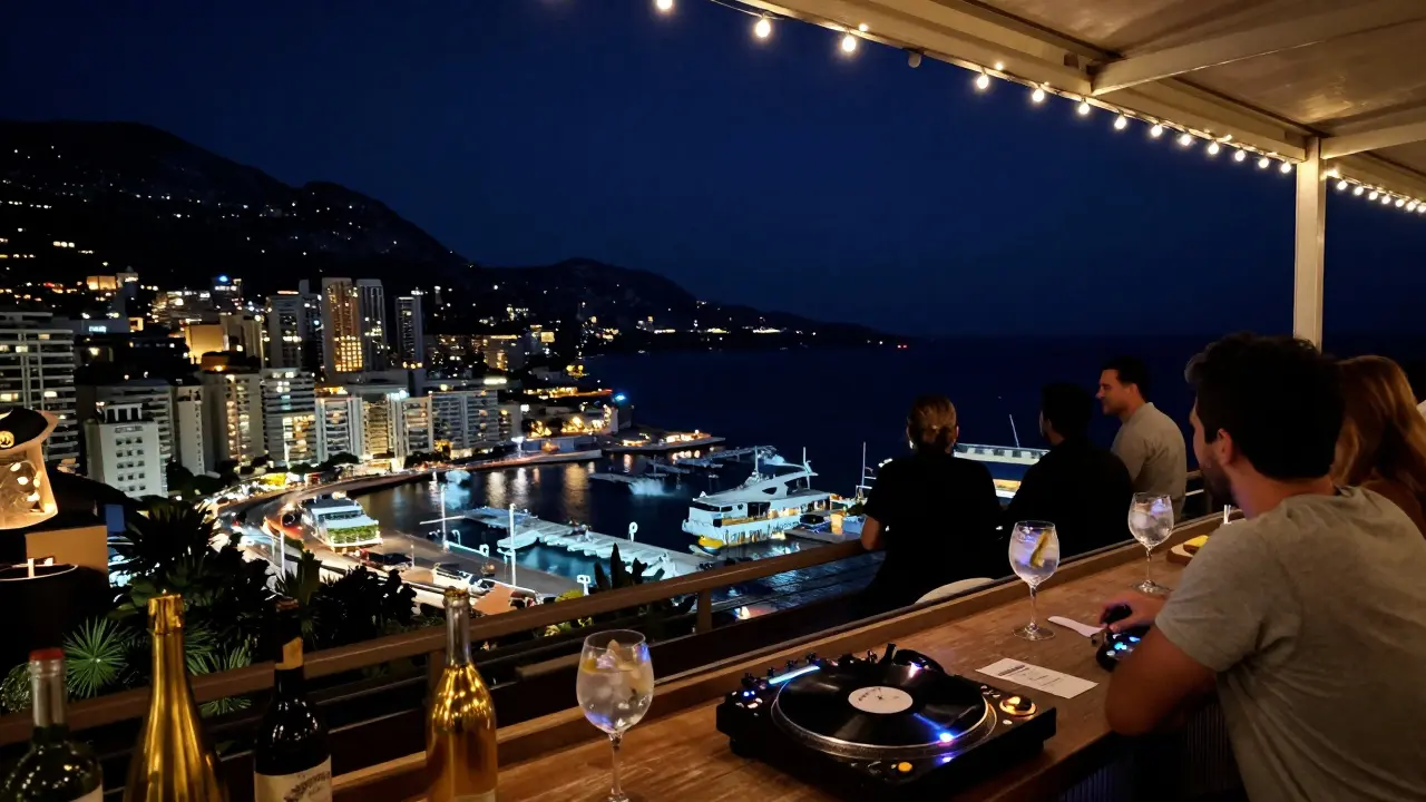 Rooftop terrace at night with DJ spinning vinyl, harbor lights below, quiet crowd under string lights.