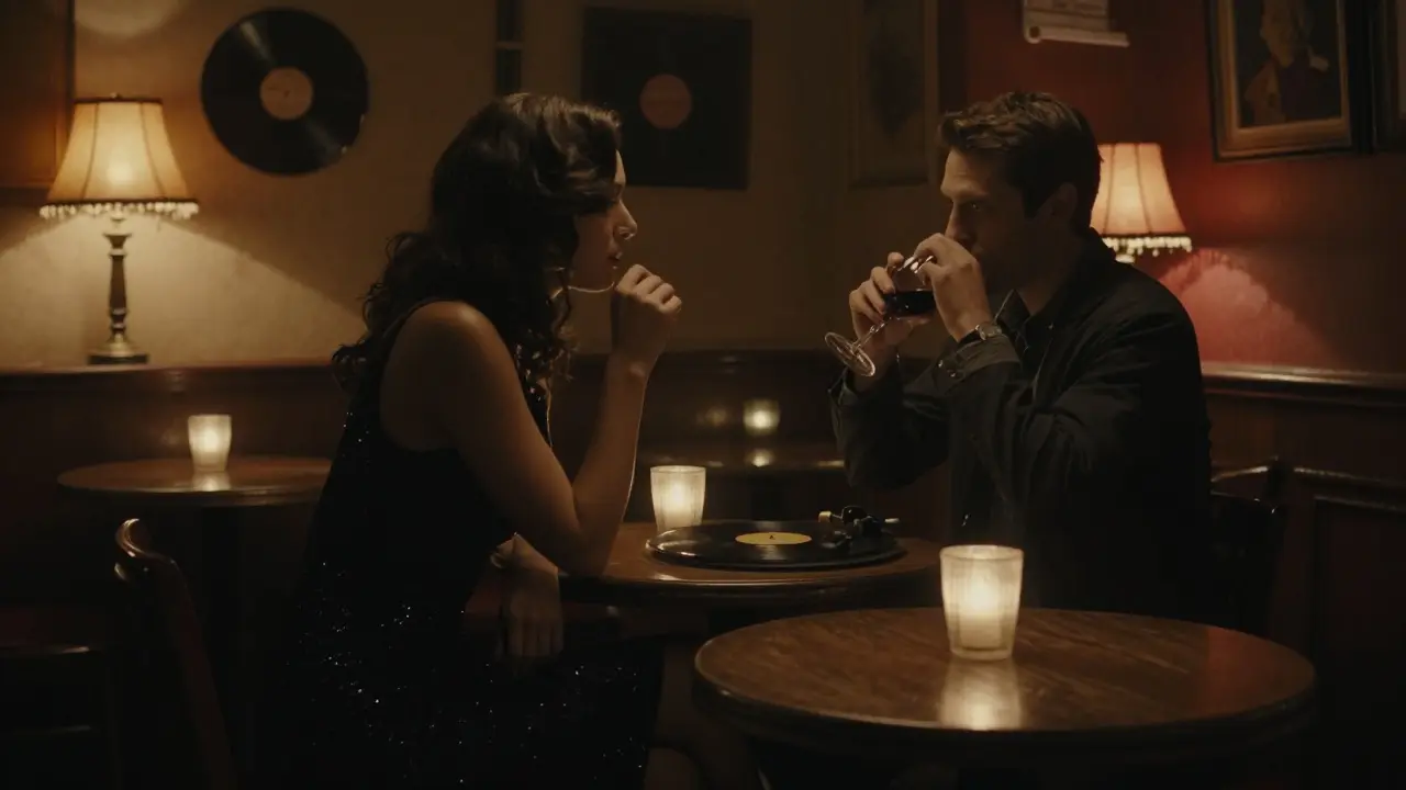 Silhouettes of two people in a cozy jazz club, sharing a quiet moment in Paris.