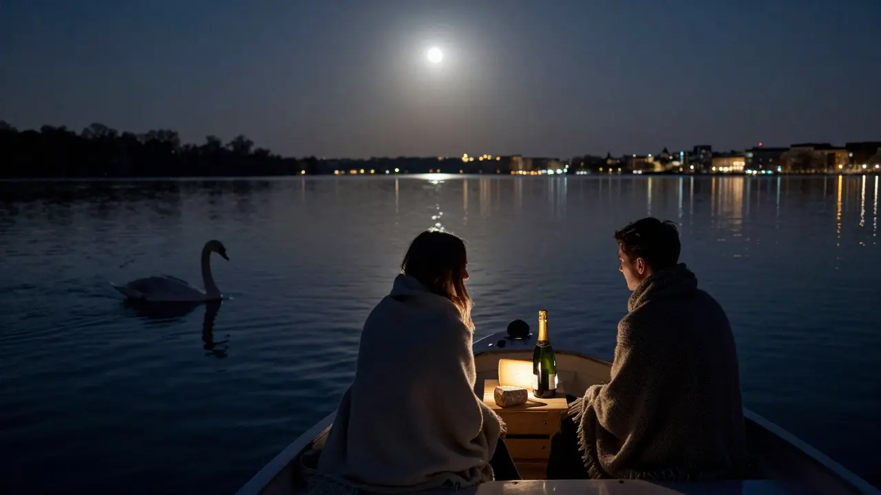 Silhouettes on a moonlit lake boat sharing champagne, embodying privacy and quiet luxury.