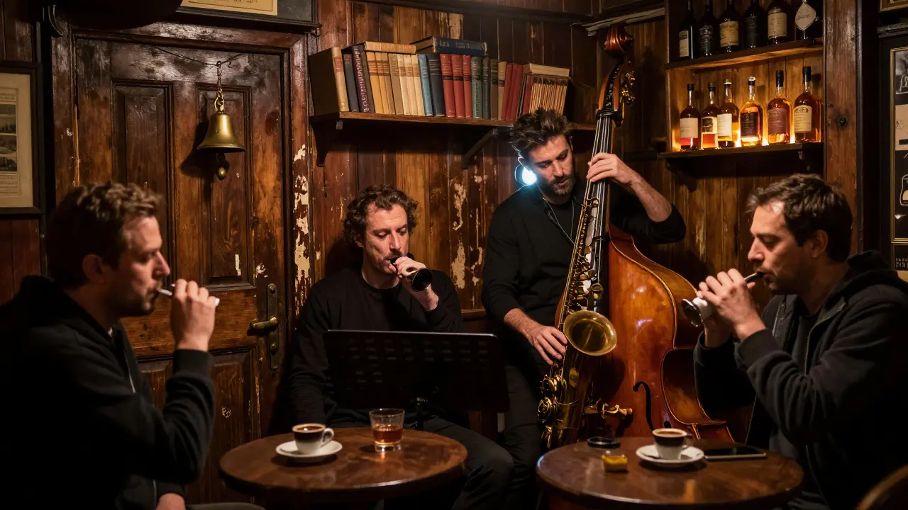 Small underground jazz bar with a duduk player and patrons sipping coffee and whiskey in warm dim light.
