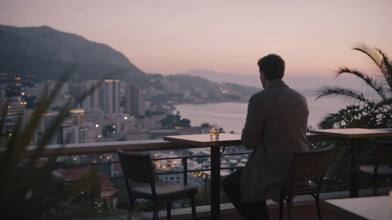 Solitary figure on a terrace at dawn, sunrise over Monaco hills, empty whiskey glass on table.