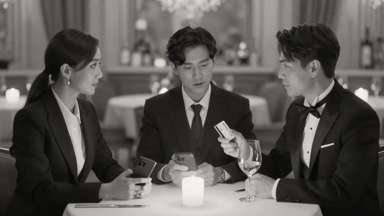 Three anonymous figures in formal wear sharing a silent moment in an exclusive club.