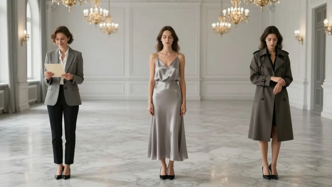 Three elegant women in different styles, each standing alone in a grand empty ballroom, radiating quiet presence.