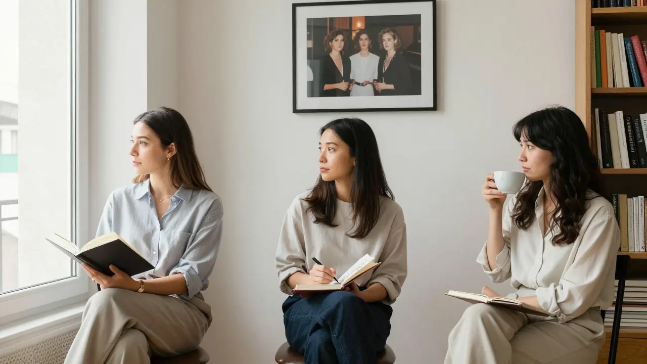 Three professional women in a sunlit apartment read, sketch, and sip tea—no glamour, just calm dignity and quiet self-possession.