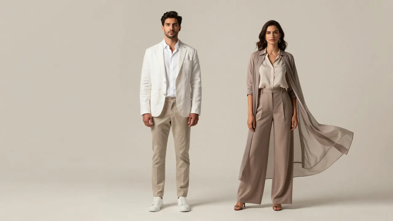 Transparent layers of tailored clothing float around a man and woman, symbolizing thoughtful, intentional style in Dubai.