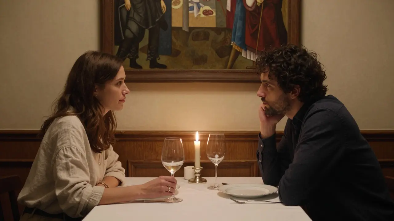 Two figures share a quiet dinner in an upscale Milan restaurant, candlelight reflecting off fine tableware, no faces visible.