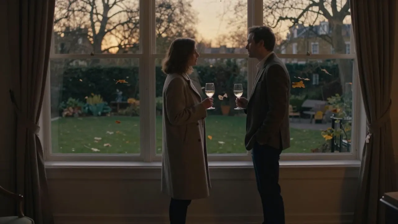 Two individuals conversing quietly at The Arts Club, their reflections visible in a window at twilight.