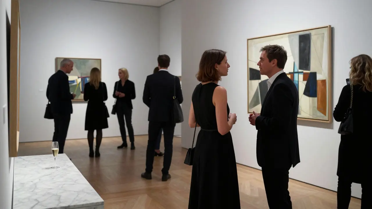 Two individuals observing modern art at a private gallery opening in Berlin, surrounded by refined ambiance.