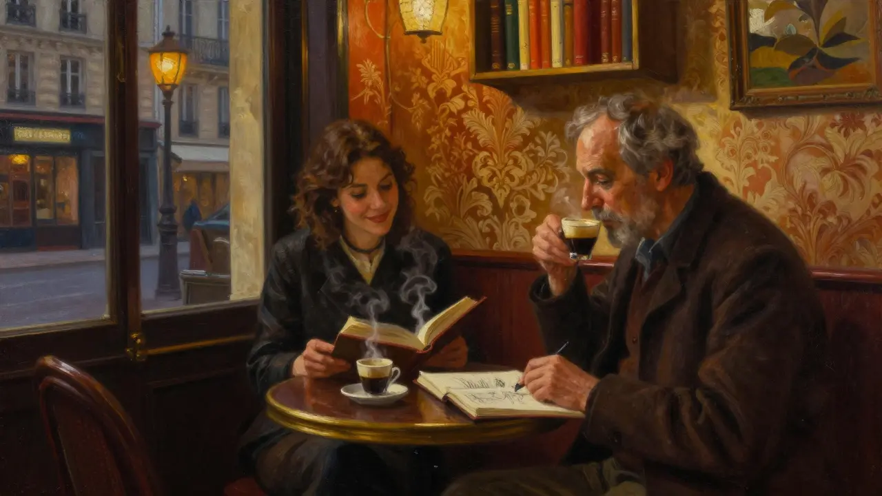 Two people enjoy a quiet moment in a cozy Le Marais café, steam rising from coffee cups.