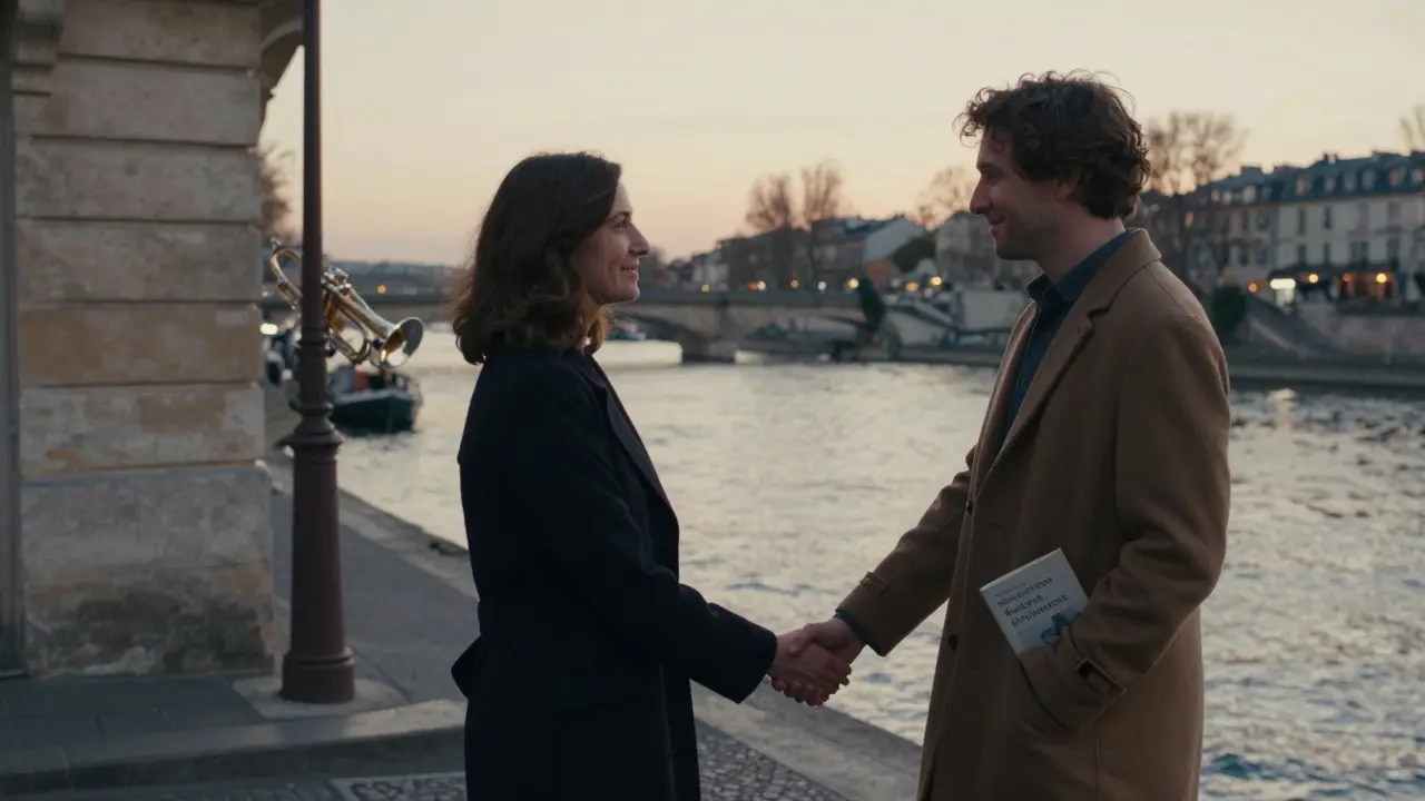 Two people parting with quiet dignity near the Seine at dusk, a French poetry book visible.