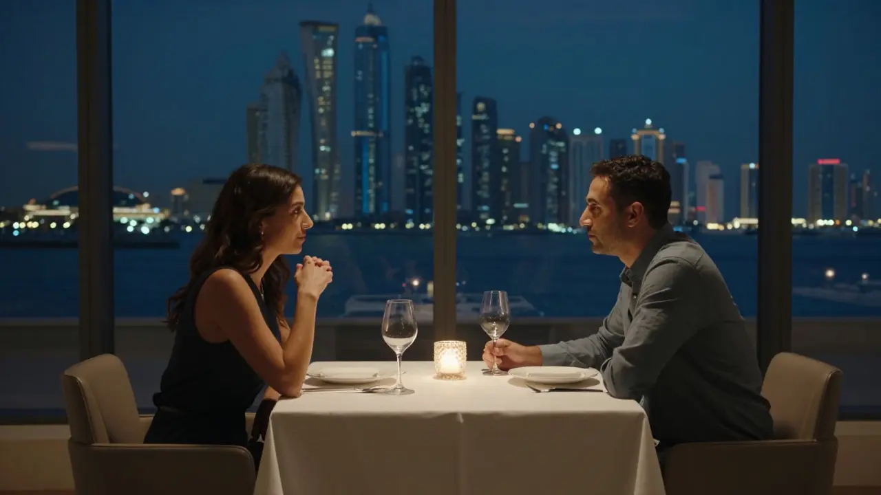 Two people share a quiet dinner in a private villa, engaged in thoughtful conversation with no physical intimacy.