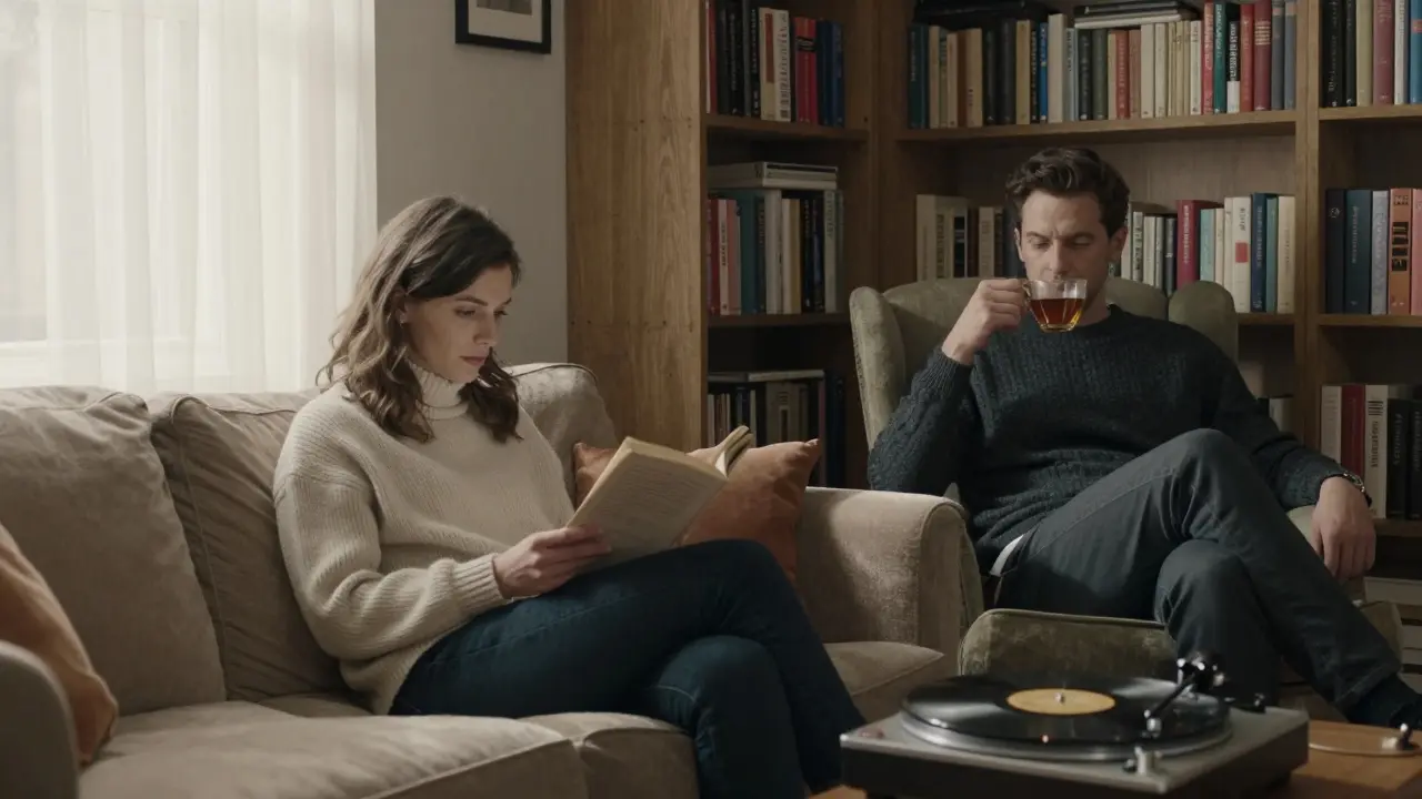 Two people sit peacefully in a cozy Notting Hill apartment, reading and sipping tea amid books and vinyl records.