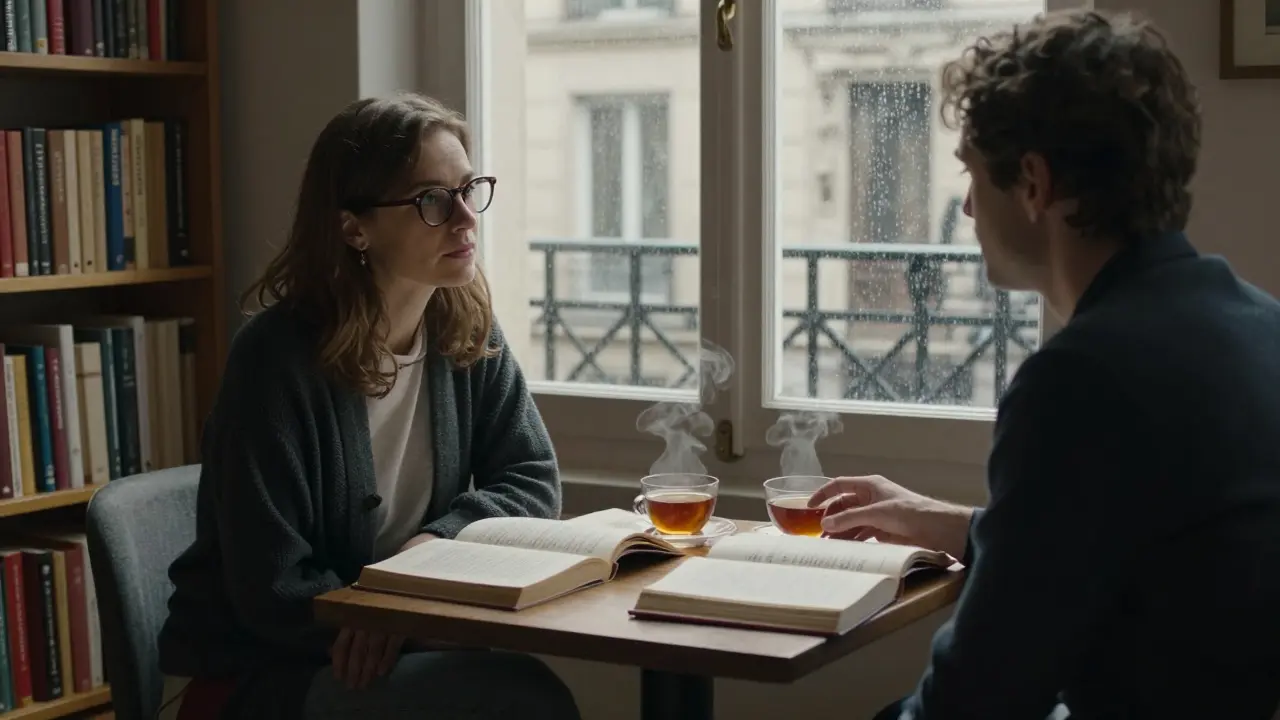 Two people sit quietly in a Parisian apartment, sharing tea and open books under soft lamplight.