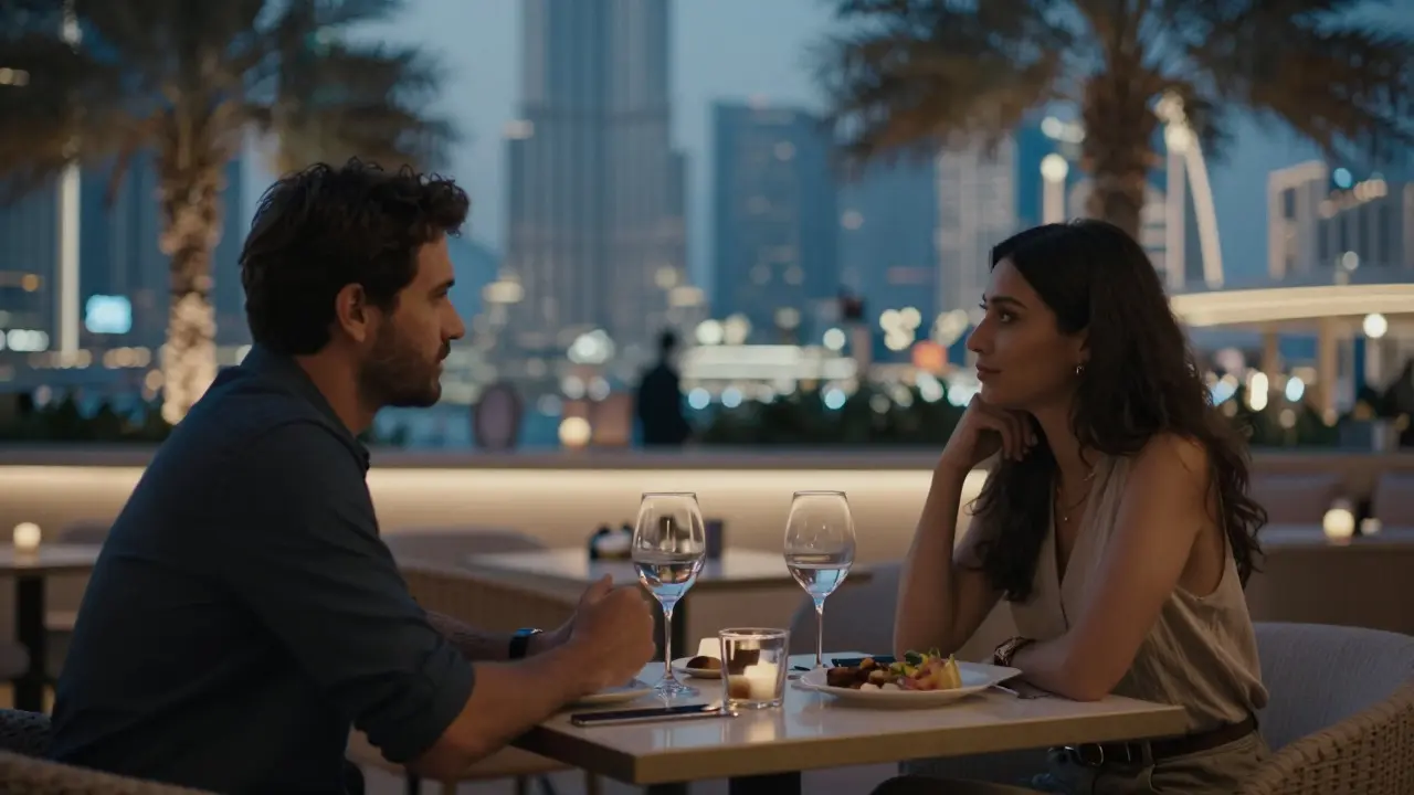 Two people sit quietly in a sophisticated Dubai lounge bar, engaged in conversation under soft evening lighting.