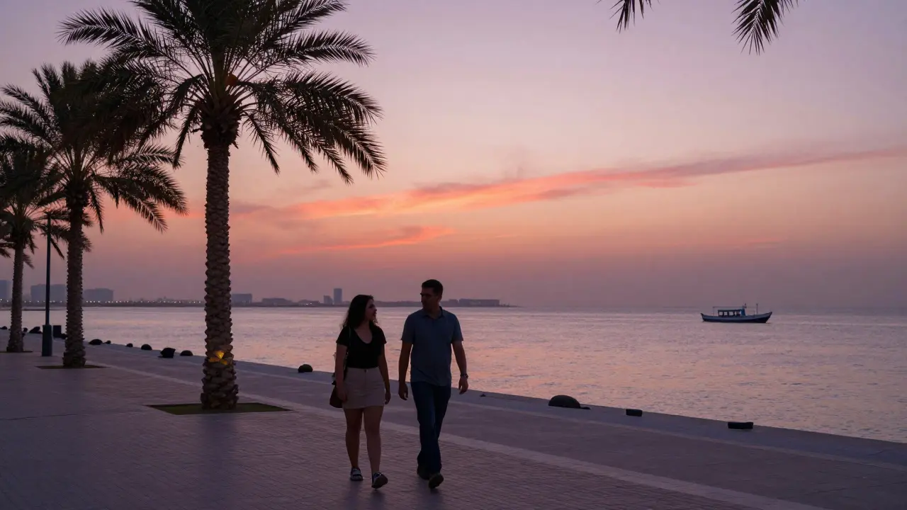 Two people walking along the Corniche at sunset, silhouetted against a glowing sky.